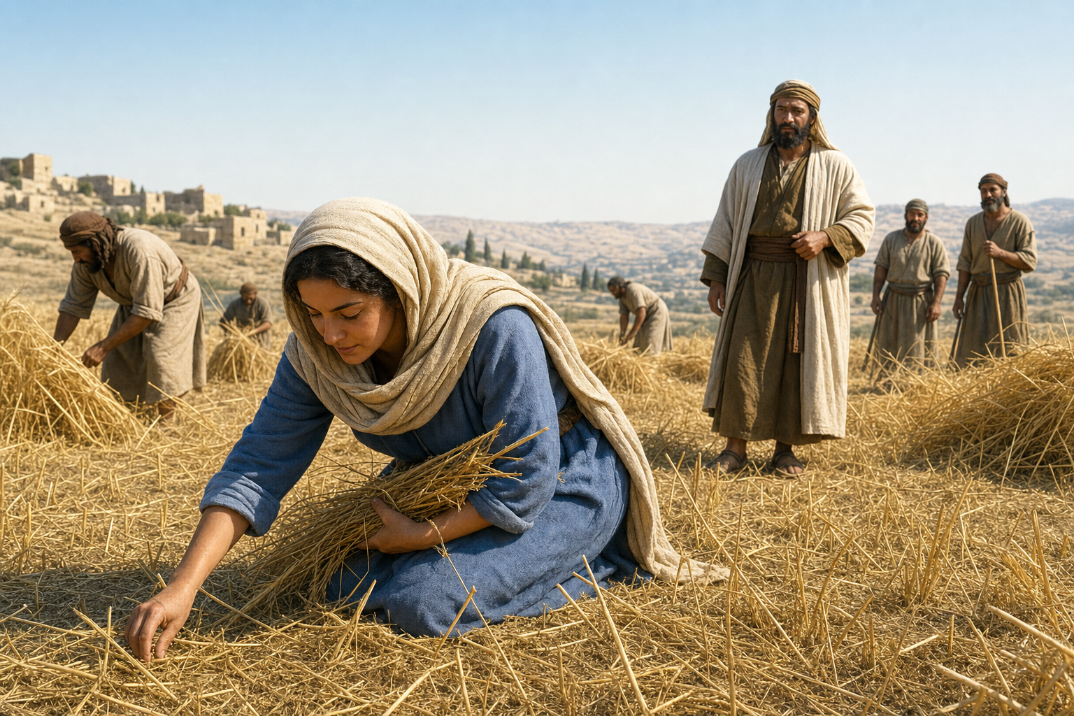 Ruth gleaning barley in Boazs field while Boaz watches from a respectful distance