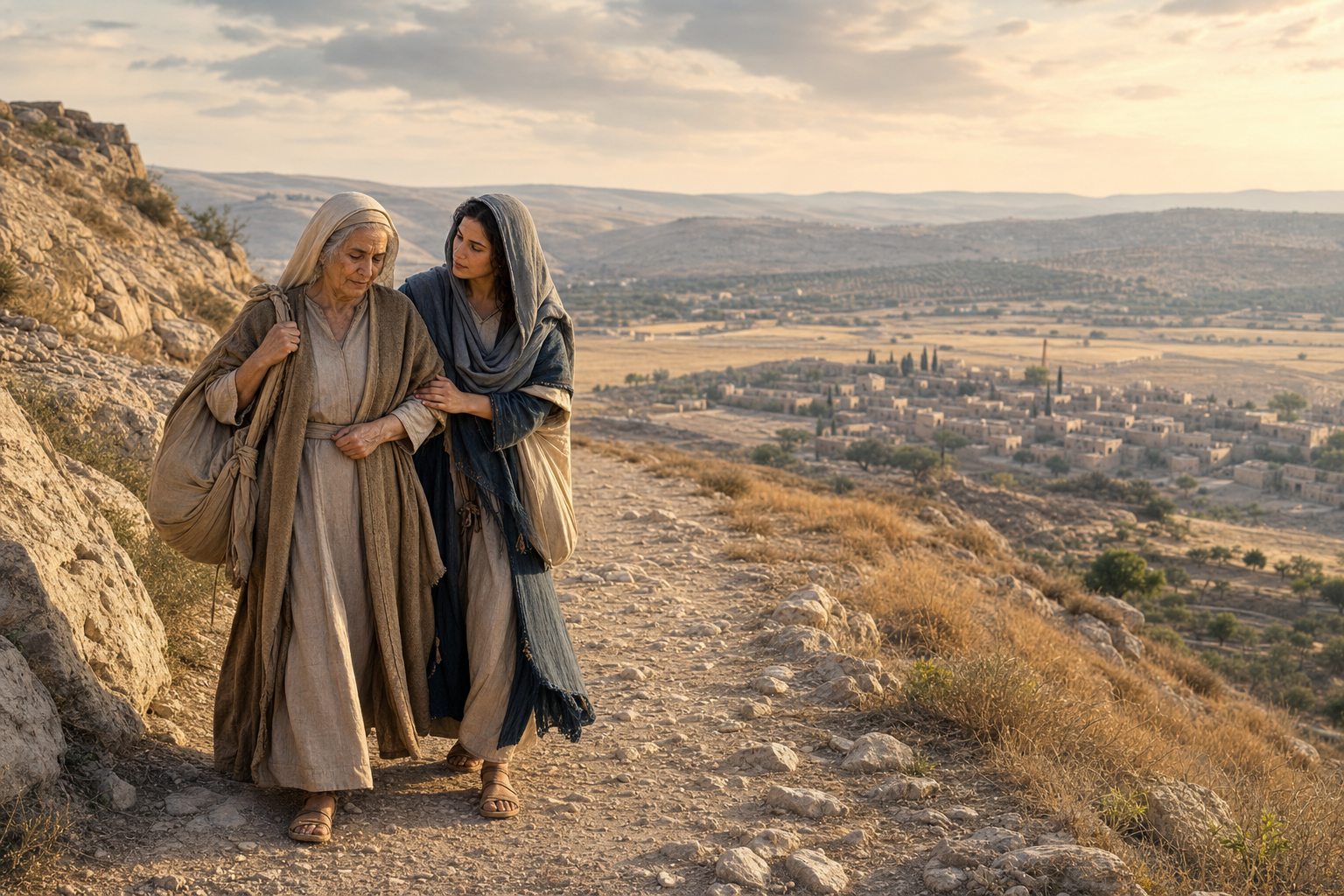 Ruth supporting Naomi on the road back toward Bethlehem after leaving Moab