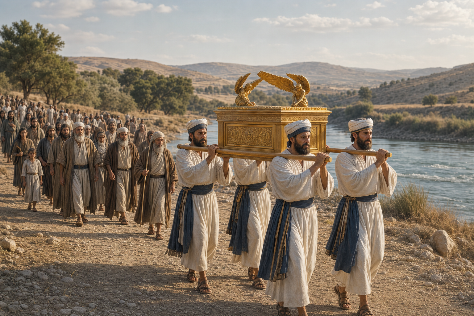 Levites carrying the ark of testimony near the Jordan River