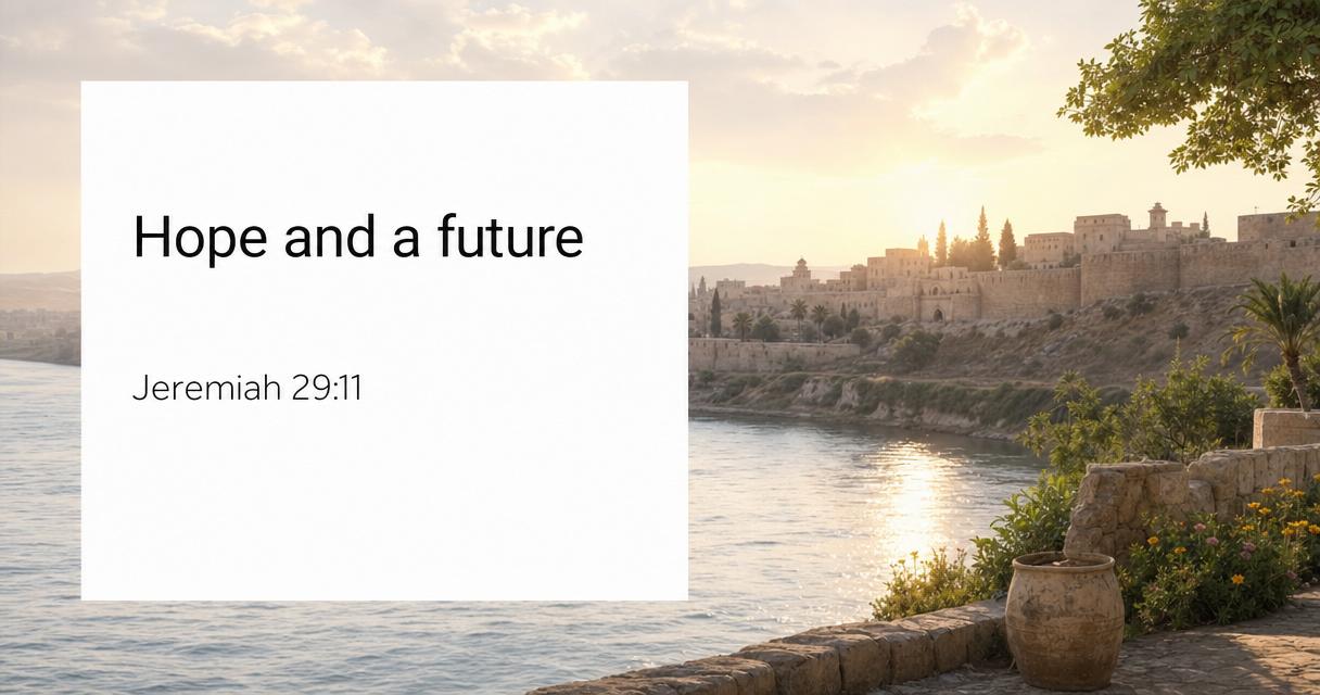 Hope and a future in Jeremiah 29:11 beside a peaceful river and city at sunrise