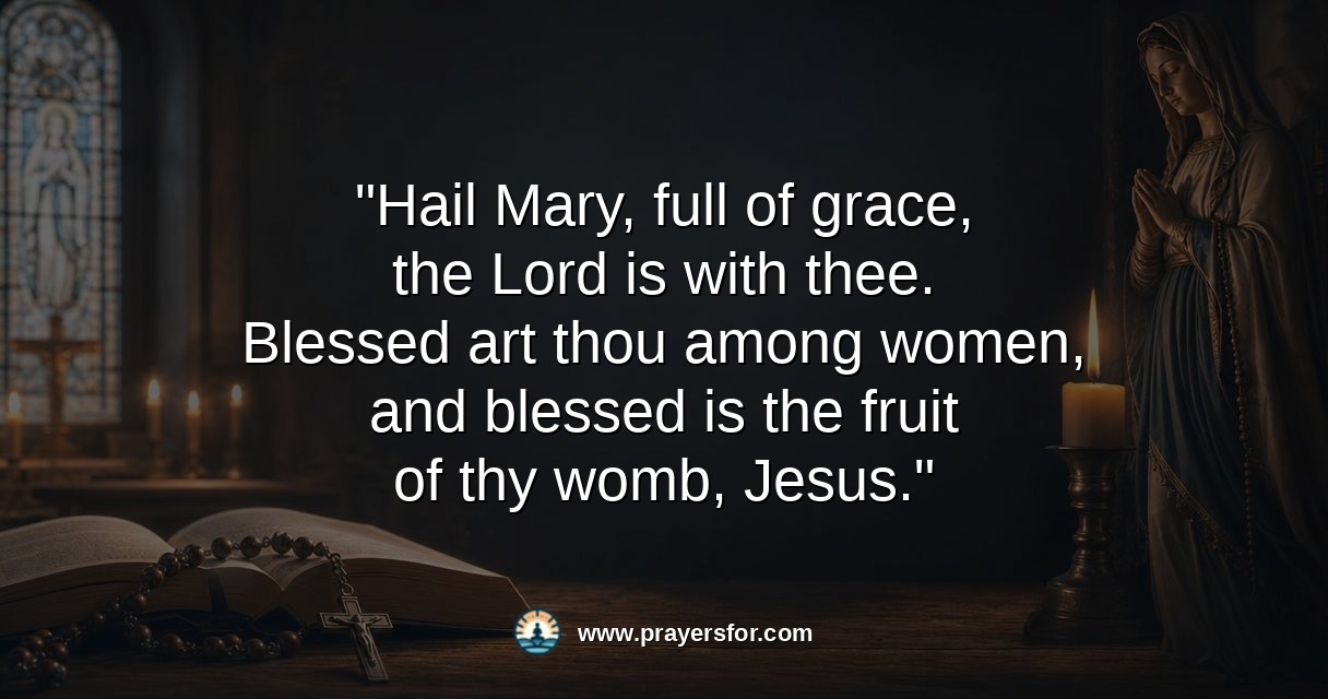 Hail Mary prayer quote graphic with rosary, candlelight, and church window