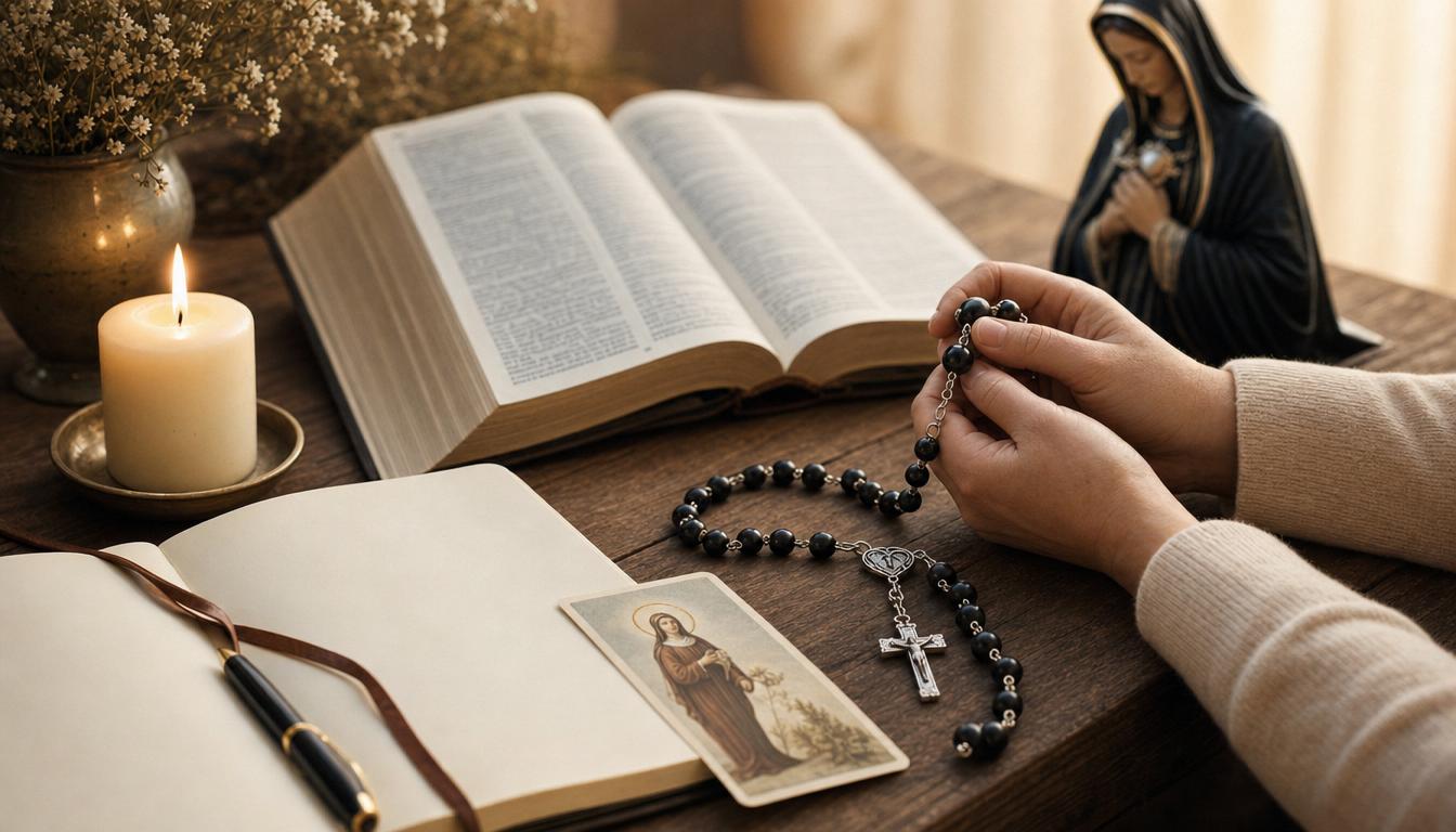 An open Bible, journal, rosary, and saint card laid out for patron-saint discernment