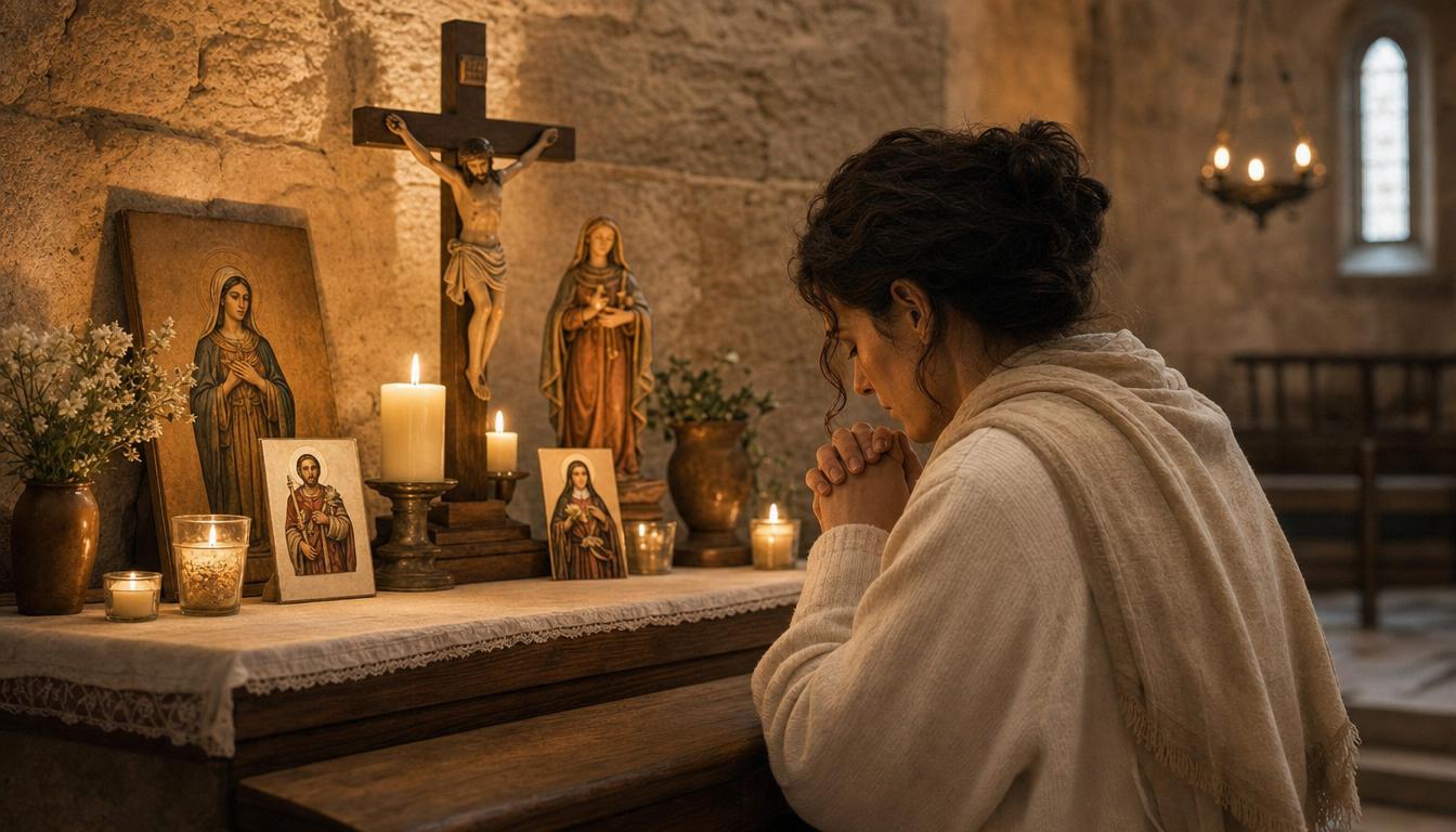 A believer praying in a candlelit chapel before patron saint images and a crucifix