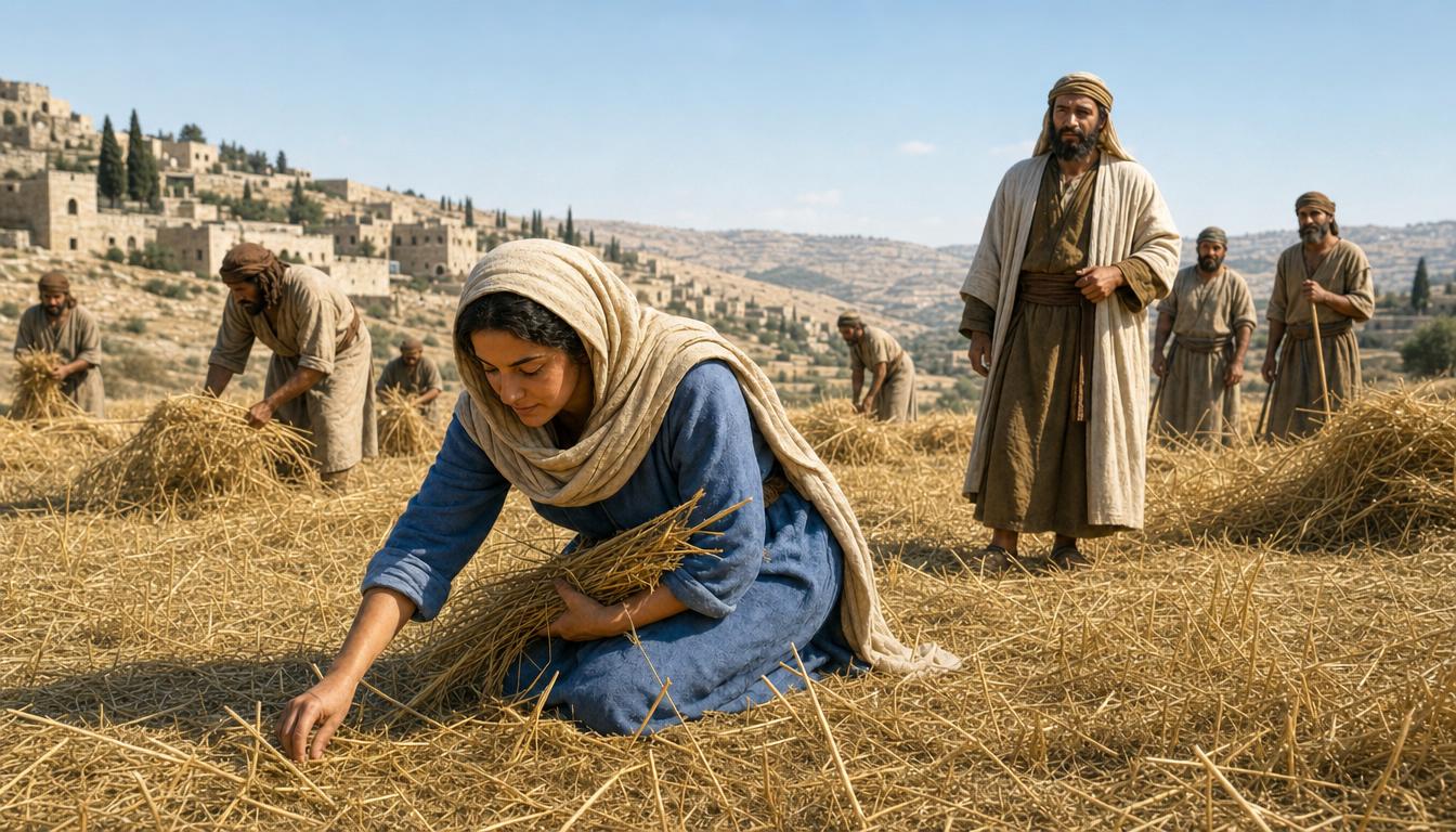 Ruth gleaning in Boaz's field while Boaz notices her respectfully during harvest