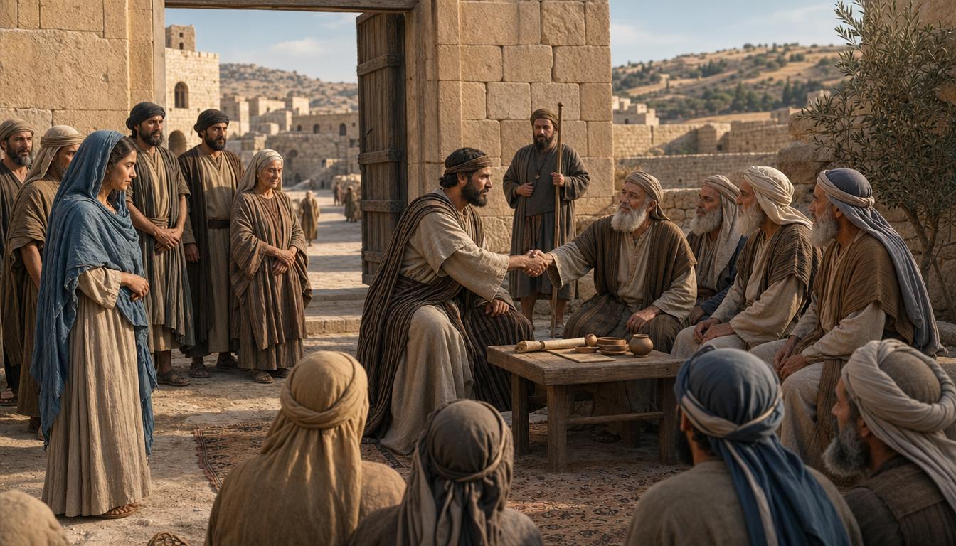 Boaz publicly taking on the role of redeemer before elders at the Bethlehem city gate