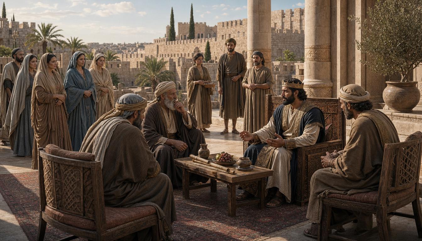 An Israelite king meeting with counselors in a palace courtyard while household women stand nearby