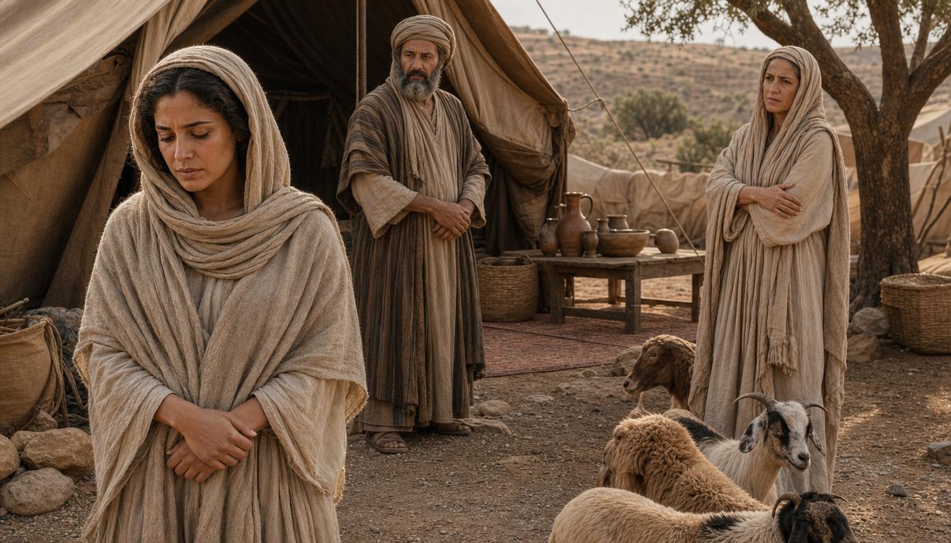 Hagar standing in Abraham's camp while Sarah watches from a distance in a tense household scene
