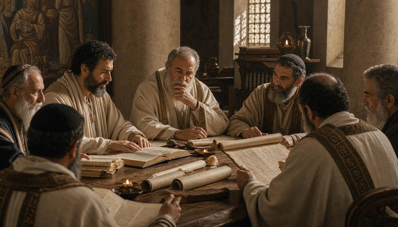 Early Christian teachers gathered around Scripture and scrolls to weigh serious doctrine carefully