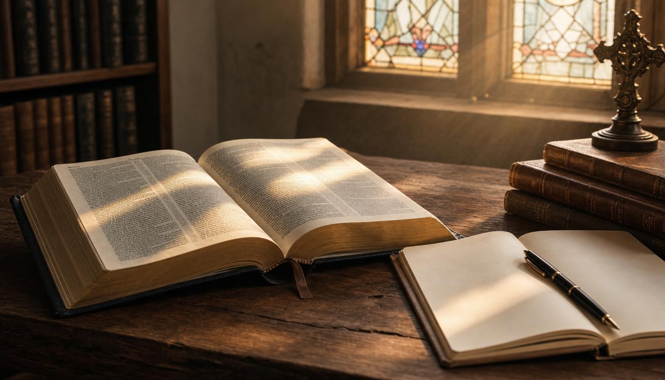 An open Bible and theological notes under church light representing sound doctrine and discernment