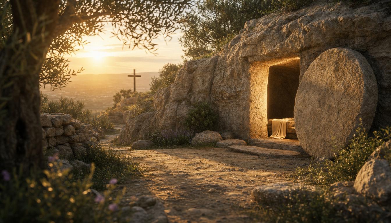 An empty garden tomb at dawn representing salvation through Jesus Christ's death and resurrection