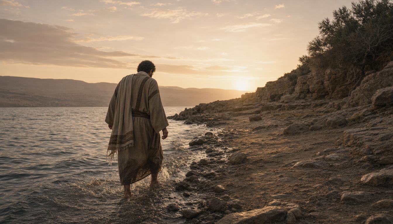 A traveler stepping from dark water onto safe shore at dawn representing salvation as rescue and deliverance