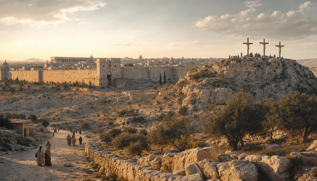 Golgotha outside ancient Jerusalem with a rocky execution hill and city walls in the distance