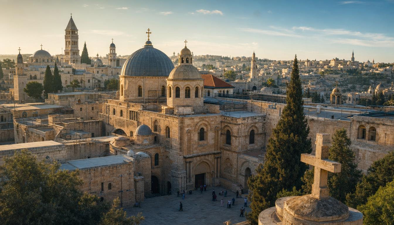 Old Jerusalem and the Church of the Holy Sepulchre representing the traditional site associated with Golgotha today