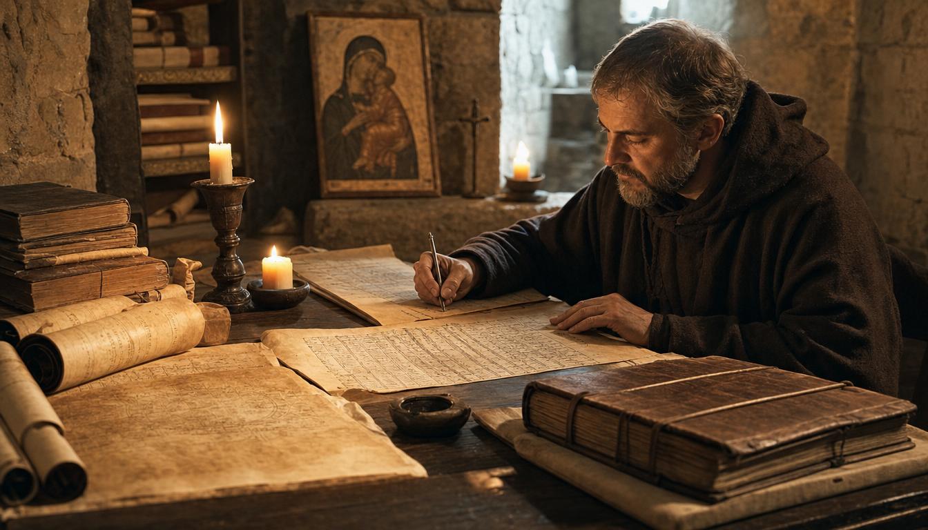An early medieval Christian scholar working over parchment date tables and manuscripts by candlelight