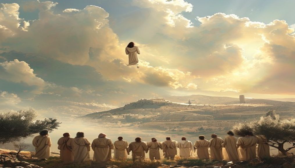 Jesus ascending above the Mount of Olives while His disciples watch near Bethany outside Jerusalem
