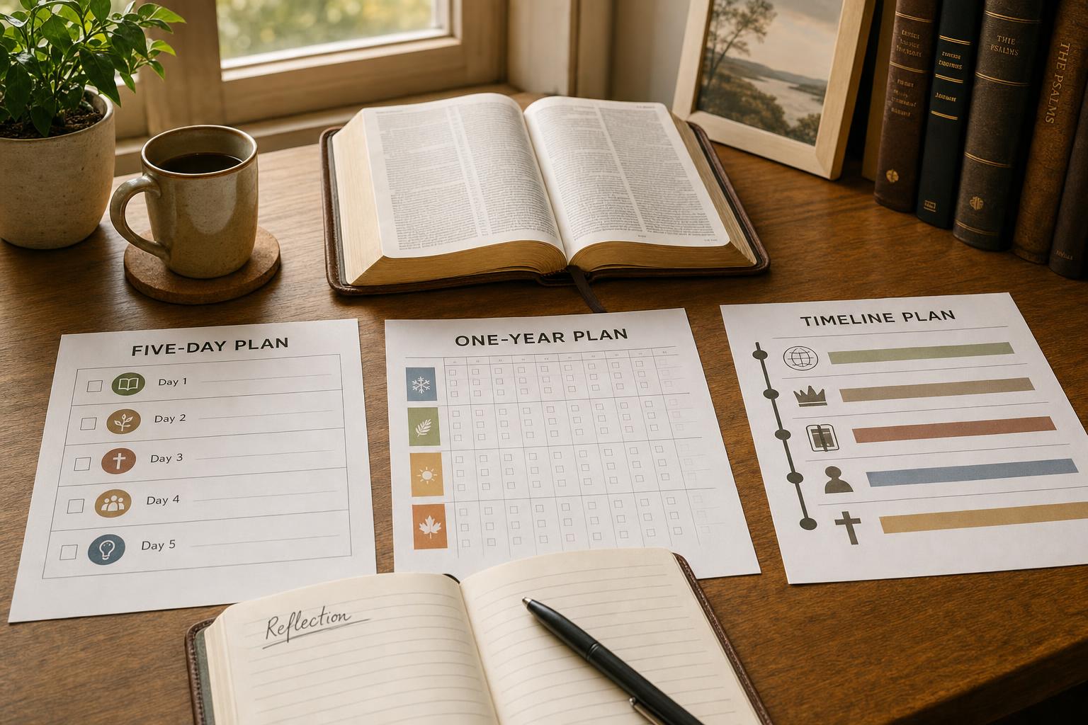 An open Bible beside a notebook and several Bible reading plan formats, including a five-day checklist, yearly schedule, and timeline-style reading sheet