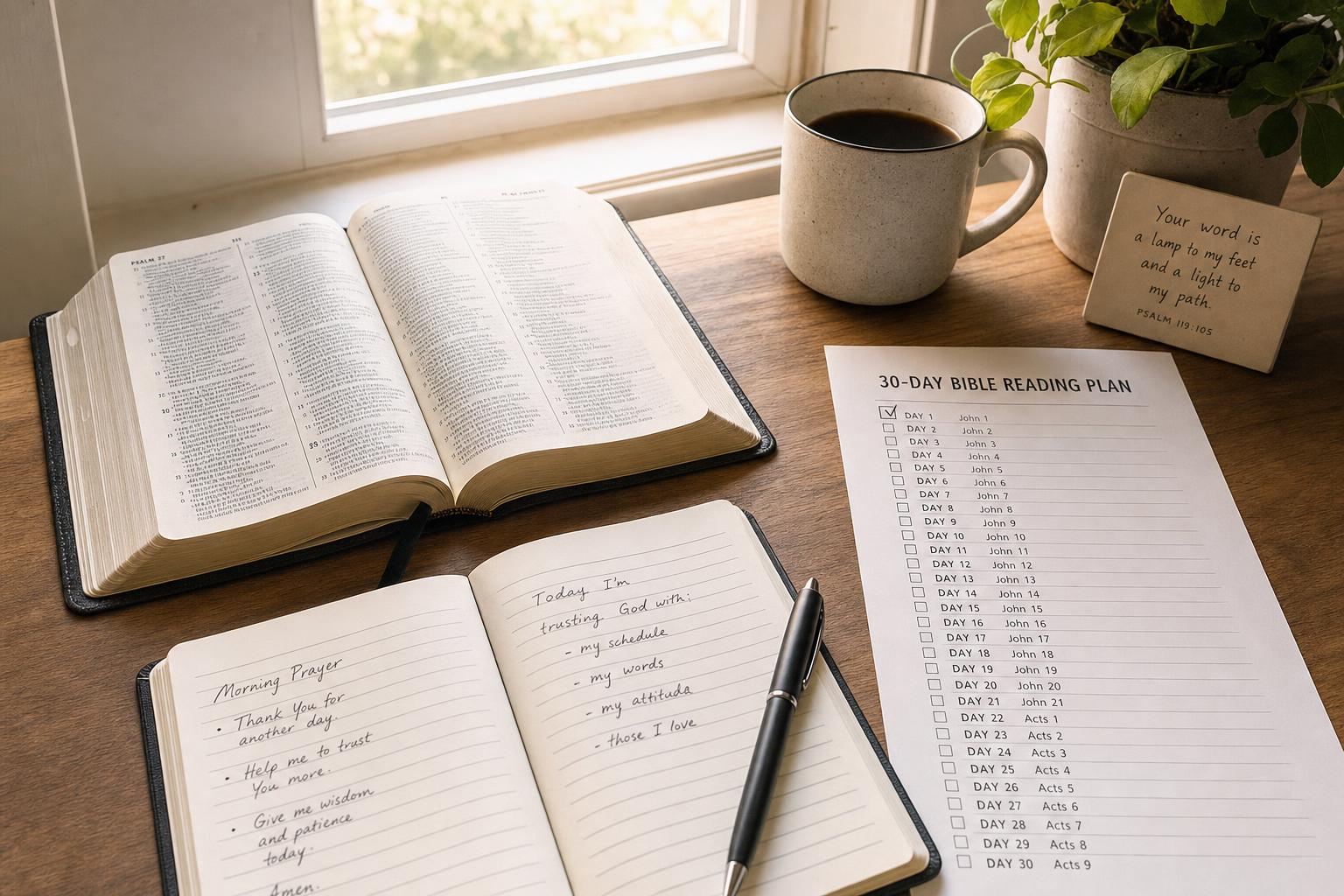 A quiet morning Bible reading routine with an open Bible, prayer journal, pen, and checked reading plan on a table by a window