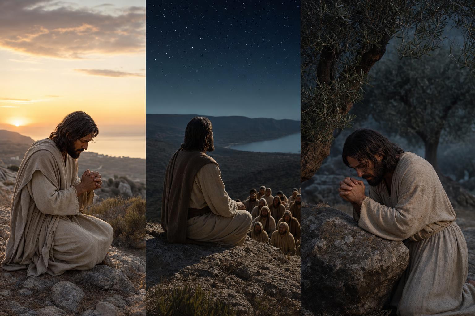A three-scene illustration of Jesus praying alone at dawn, through the night before choosing the disciples, and in Gethsemane before the crucifixion