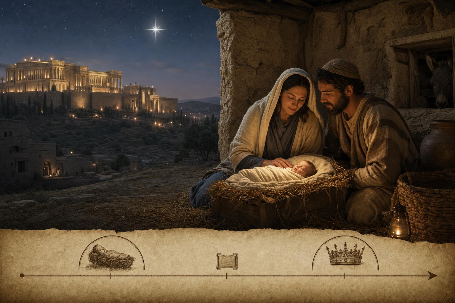 A historical illustration of Jesus' birth in Bethlehem during Herod's reign, with Herod's palace in the distance and a subtle timeline suggesting a date before 4 BC