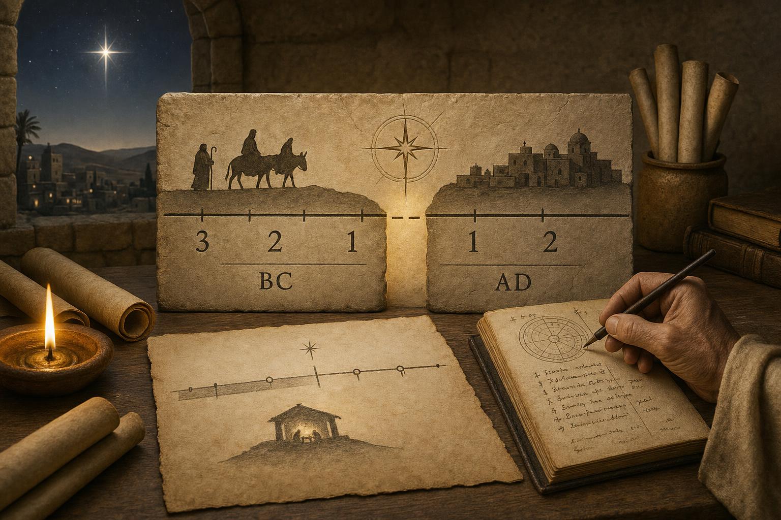 A parchment-style calendar illustration showing the BC to AD transition with Jesus' birth placed a few years before AD 1 and no year zero