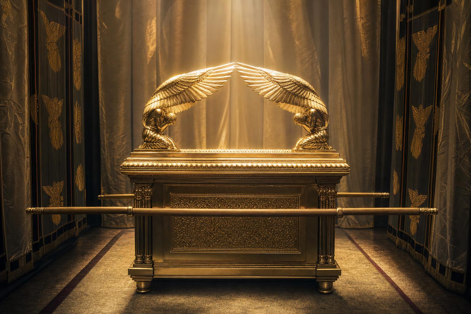 Golden cherubim overshadowing the mercy seat above the ark in the tabernacle's Most Holy Place