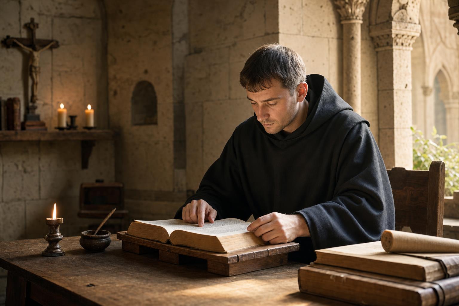 Monastic Christian practicing slow sacred reading with Scripture in a quiet chapel