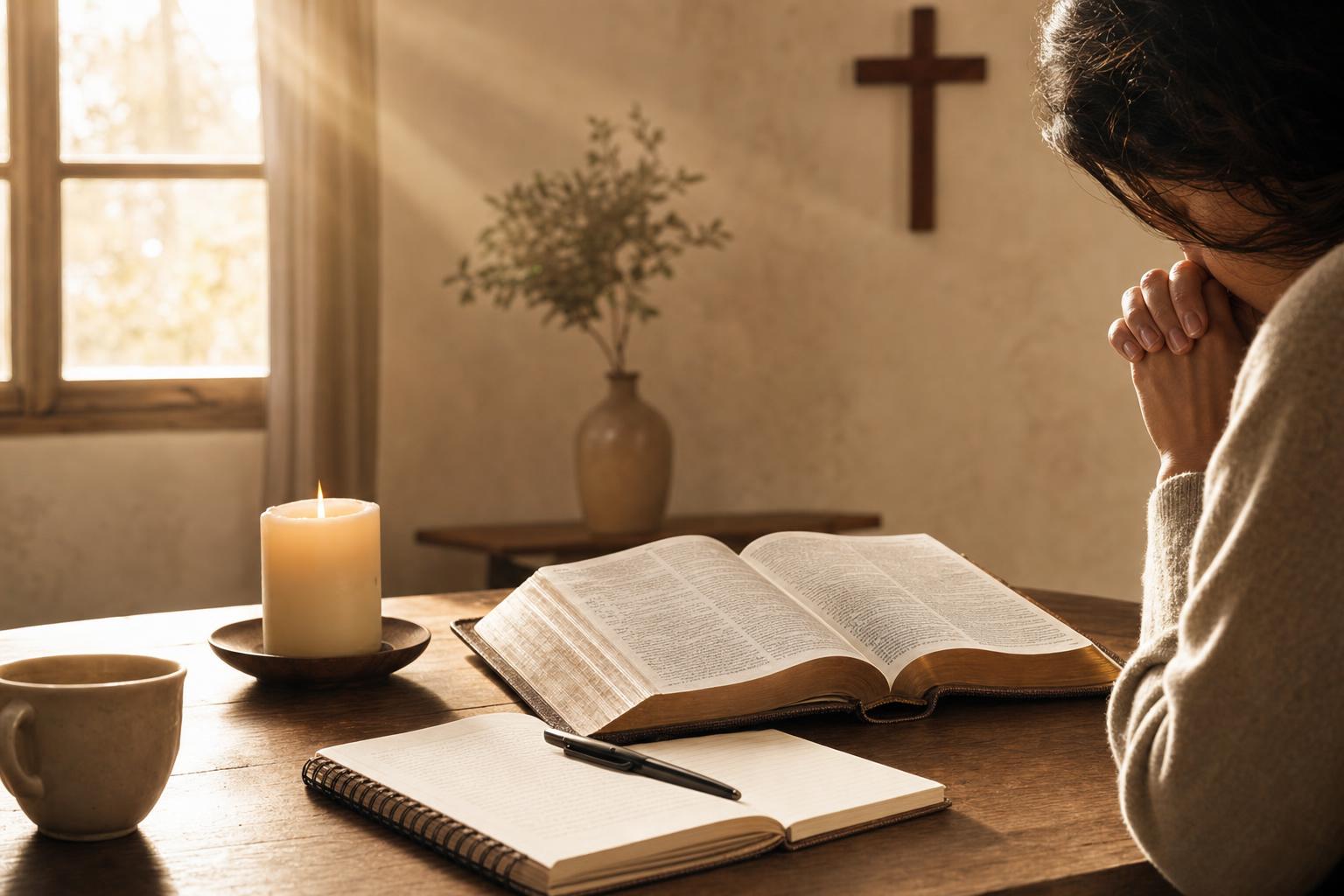 Open Bible, journal, and folded hands during a quiet lectio divina prayer time