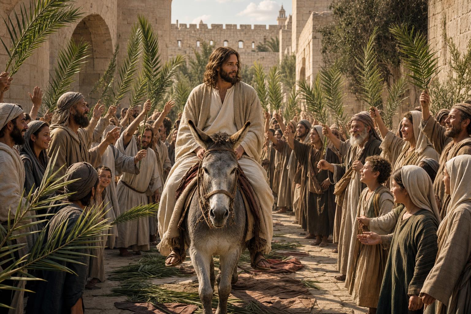 Crowds waving palm branches and crying hosanna as Jesus enters Jerusalem on a donkey