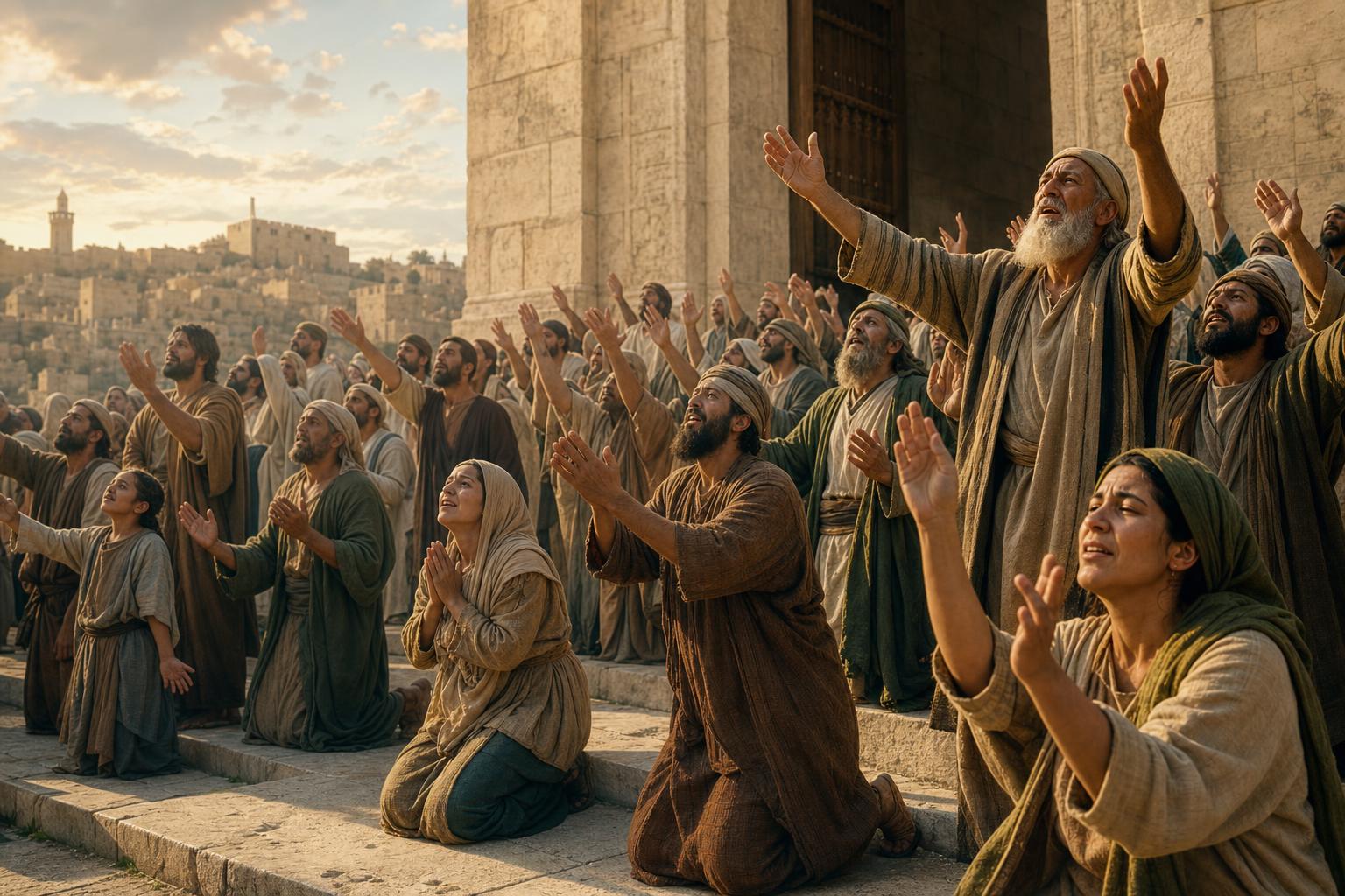Worshippers in Jerusalem lifting a prayer for God to save during a Psalm 118 procession