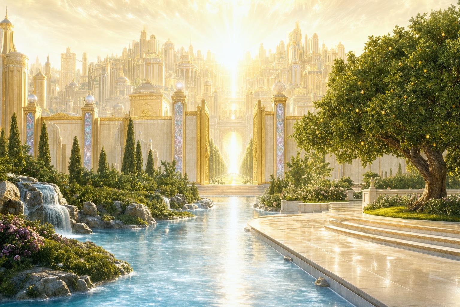Revelation-inspired New Jerusalem with radiant light, river of life, and tree of life