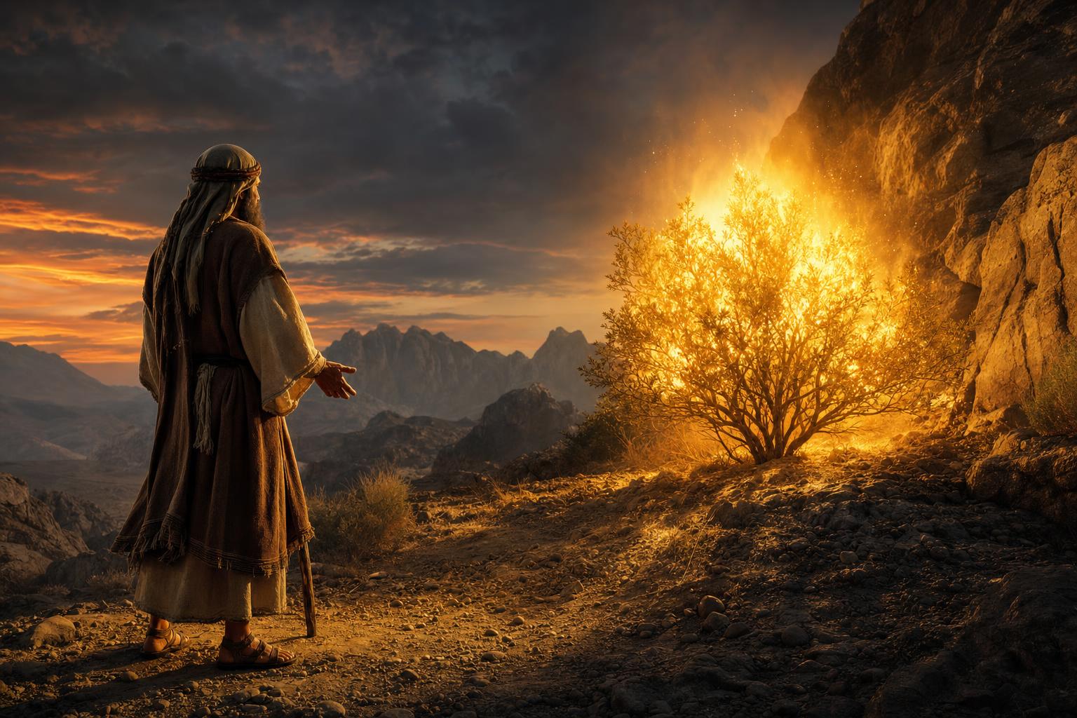 Burning bush on holy ground as God reveals I AM to Moses