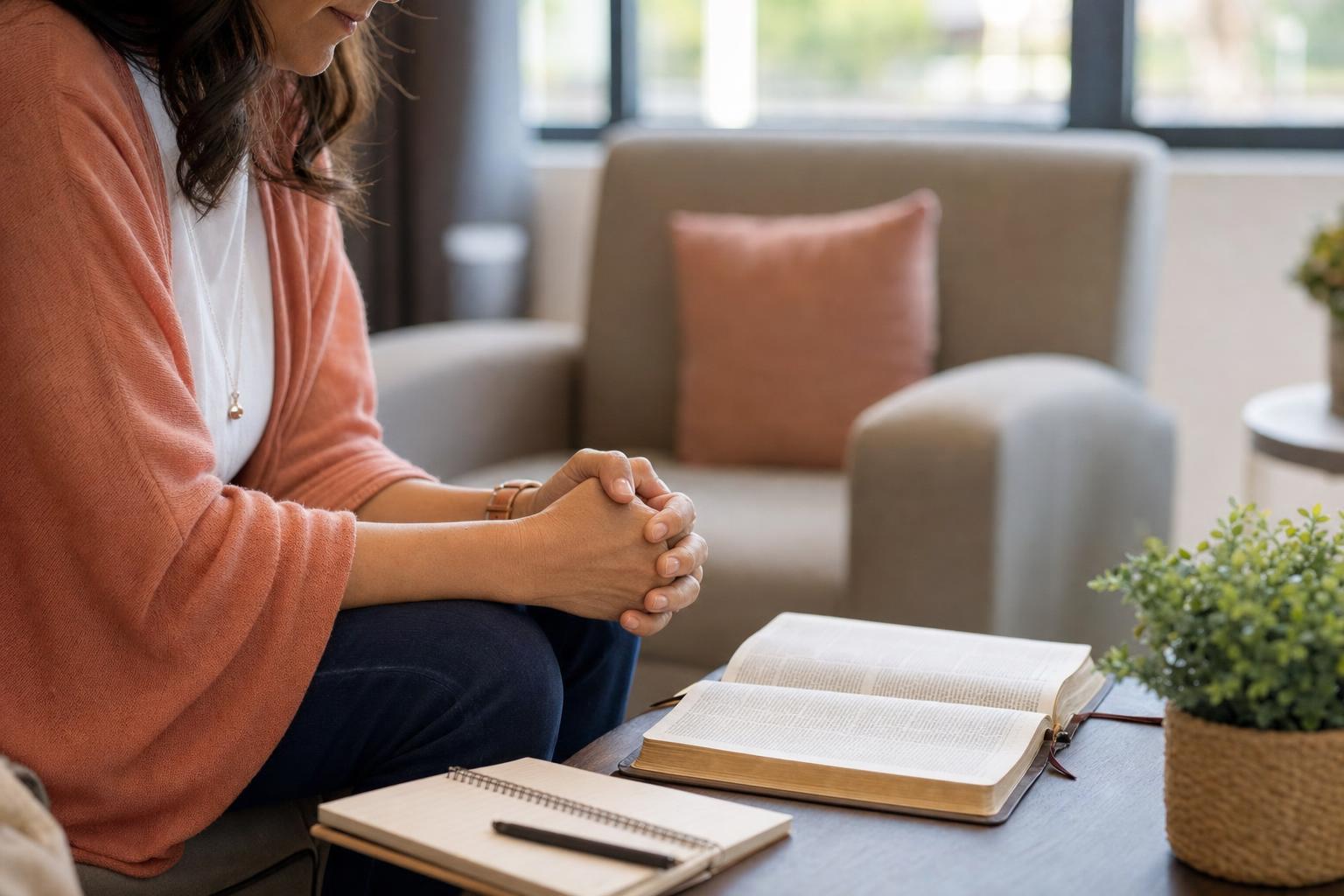 Caregiver praying with an open Bible during anticipatory grief
