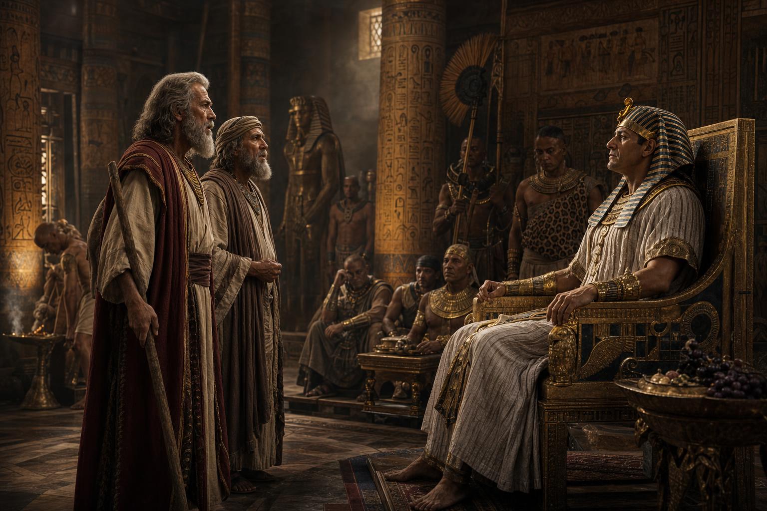 Moses and Aaron standing before Pharaoh to demand Israel's release
