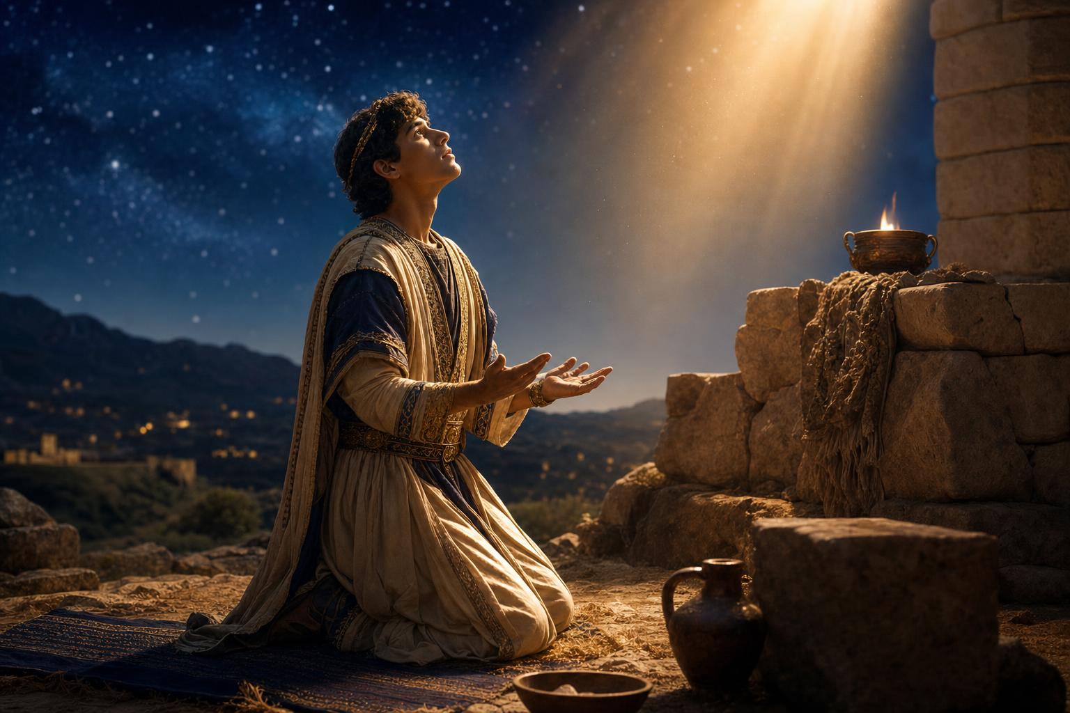 Young King Solomon kneeling in prayer for wisdom as soft light shines over an altar at night