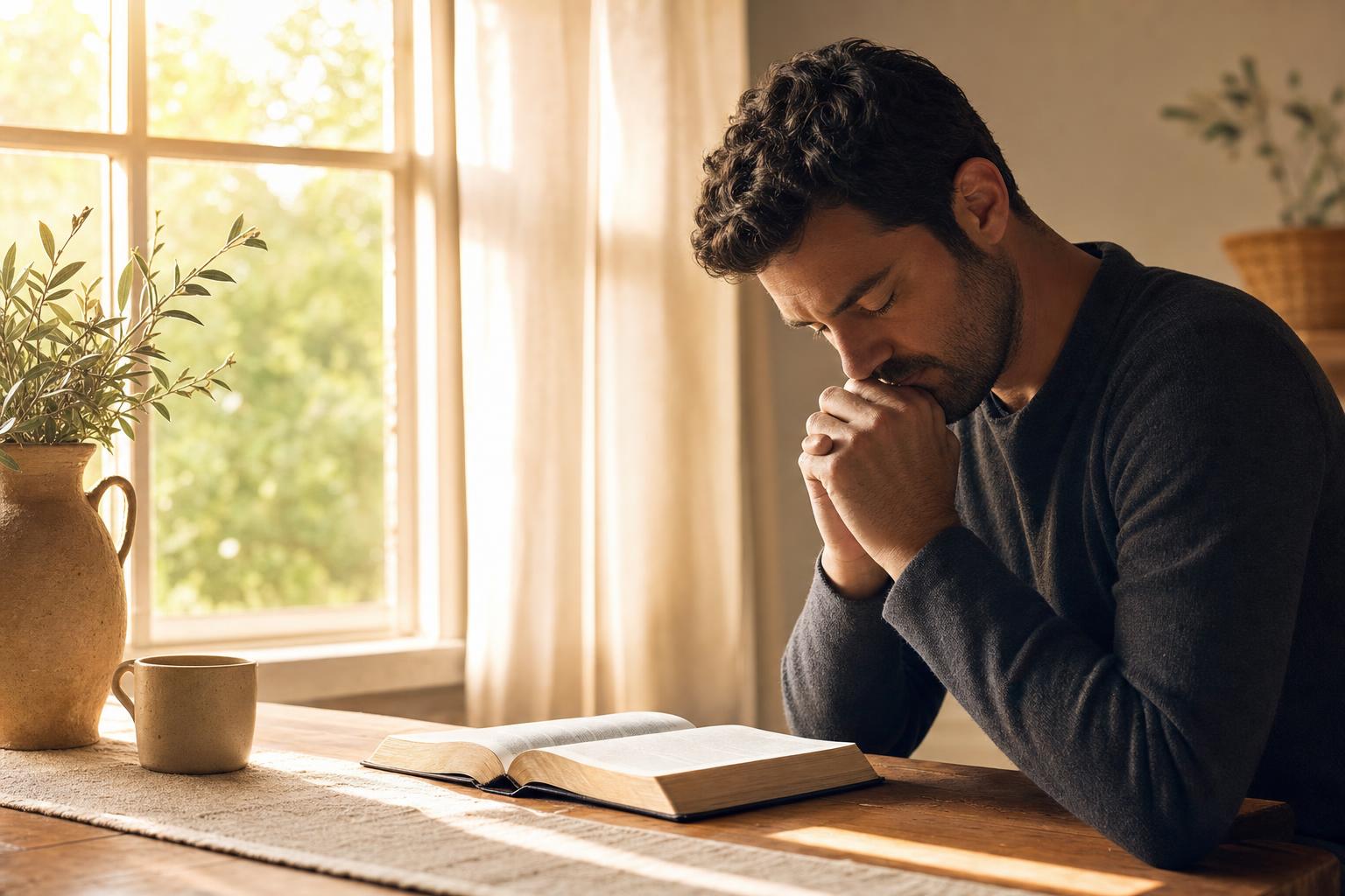 Christian reader pausing in quiet reflection over an open Bible after reading a psalm