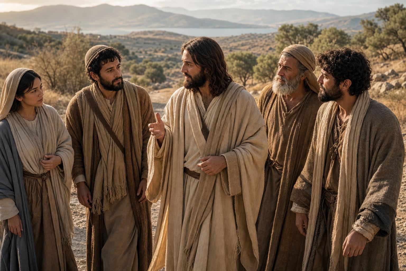 Jesus walking with a small group of disciples on a Galilean road as they learn and follow him