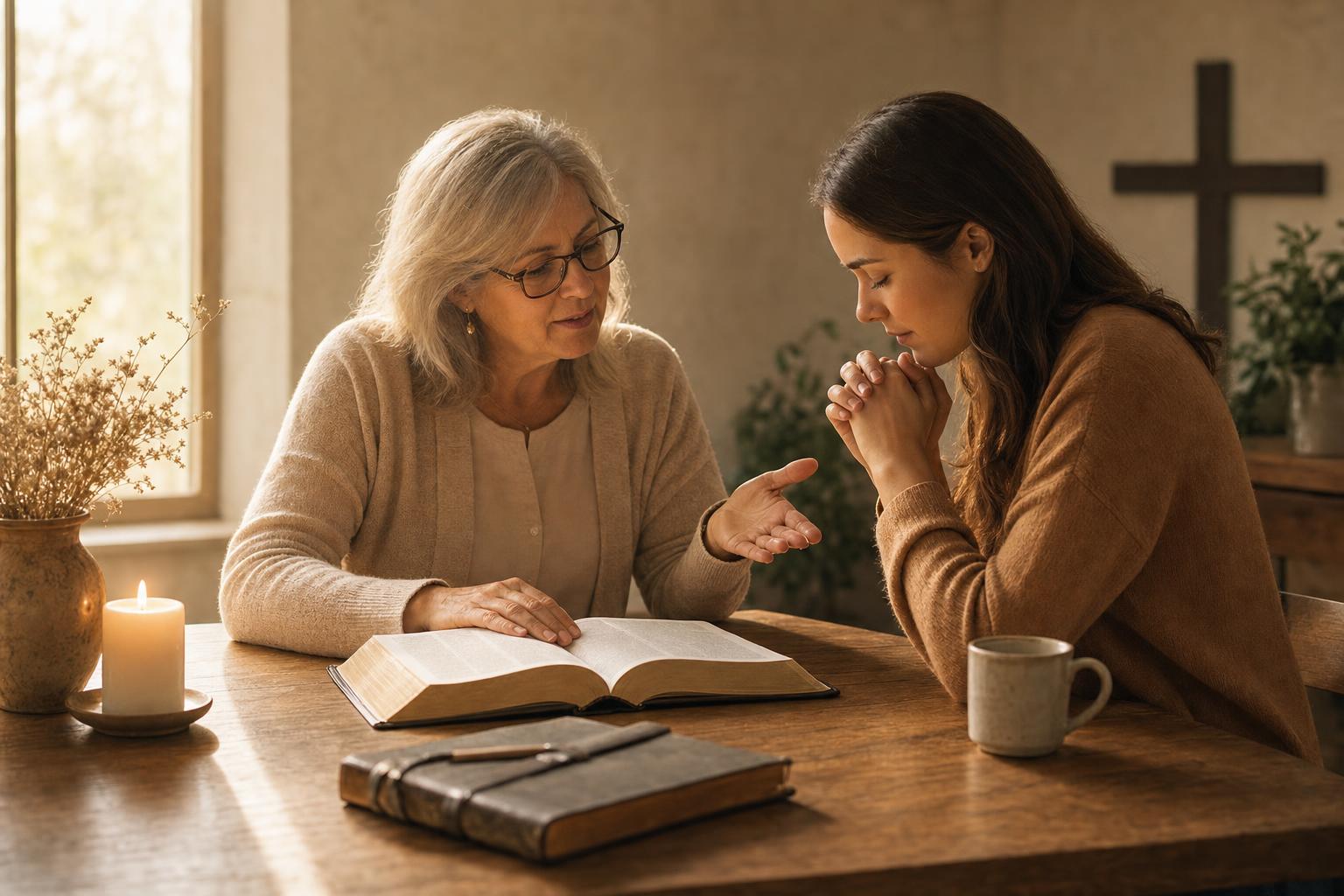 Two Christians reading Scripture and praying together as one mentors the other in discipleship