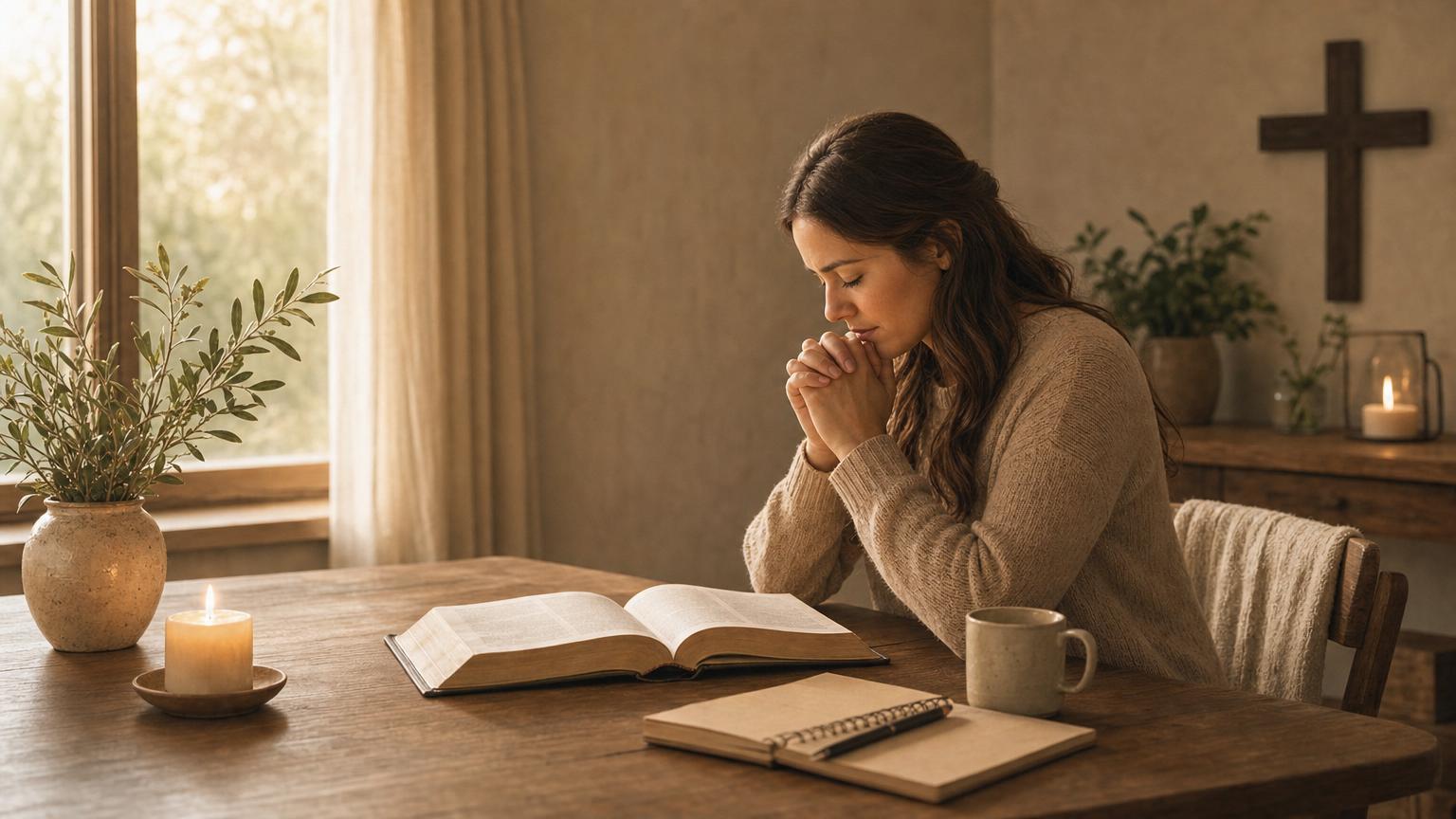 Christian reading Scripture and praying quietly to remain rooted in Christ's truth