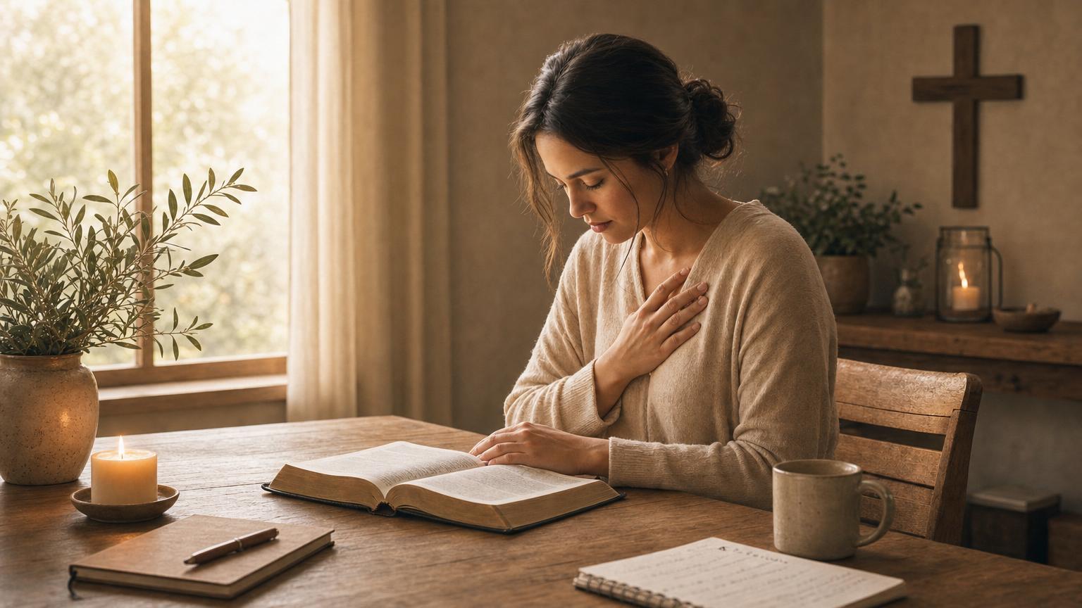 Believer praying over an open Bible as a picture of inward heart change and obedience to God