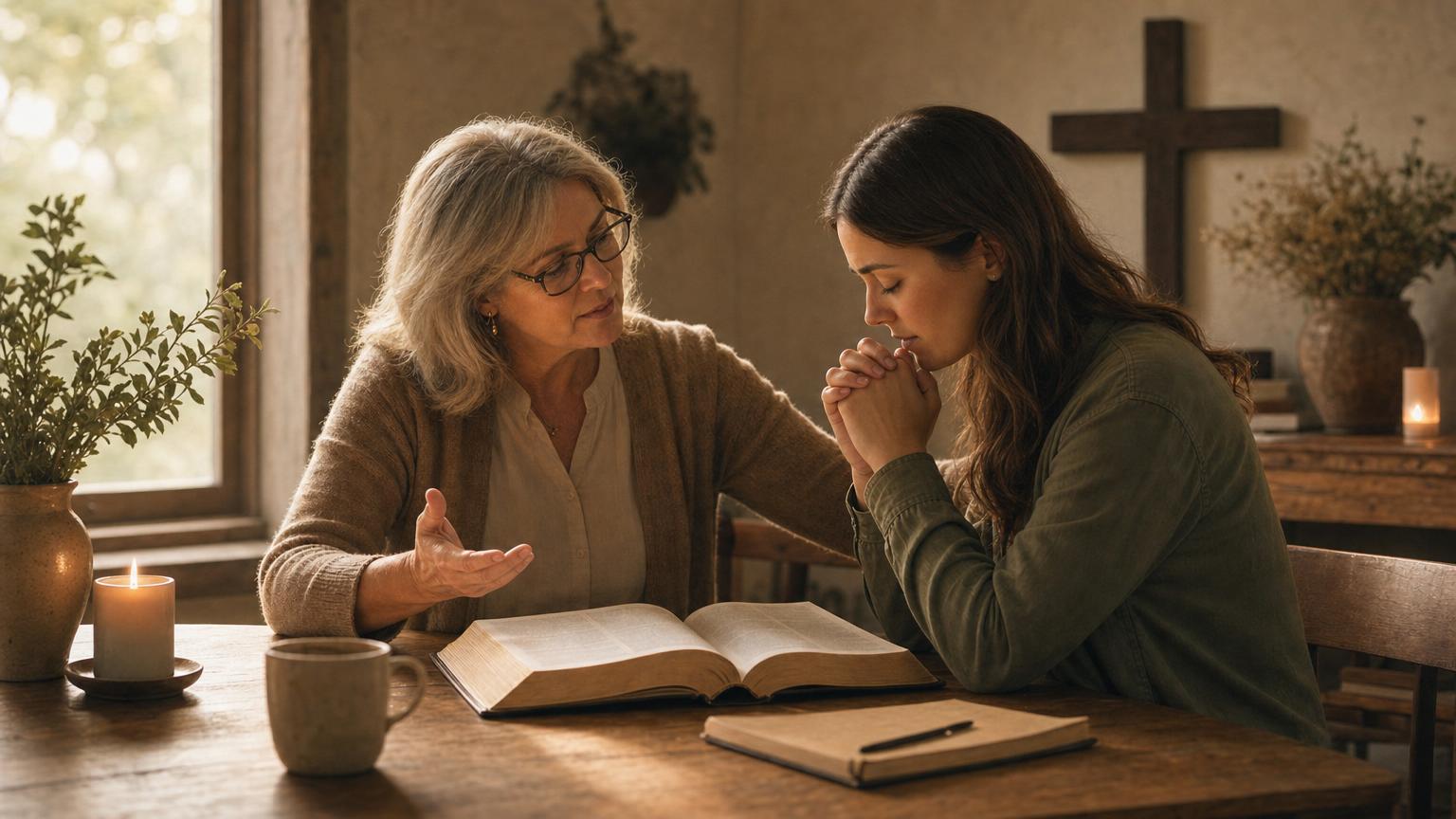 One Christian encouraging another with Scripture in a quiet conversation that reflects biblical exhortation