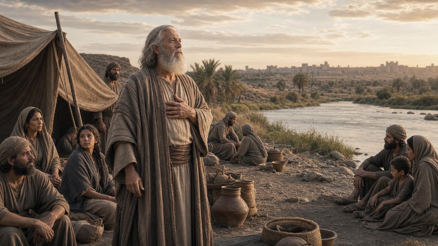 Ezekiel among Judean exiles by the Kebar River as God calls him to prophetic ministry in Babylon