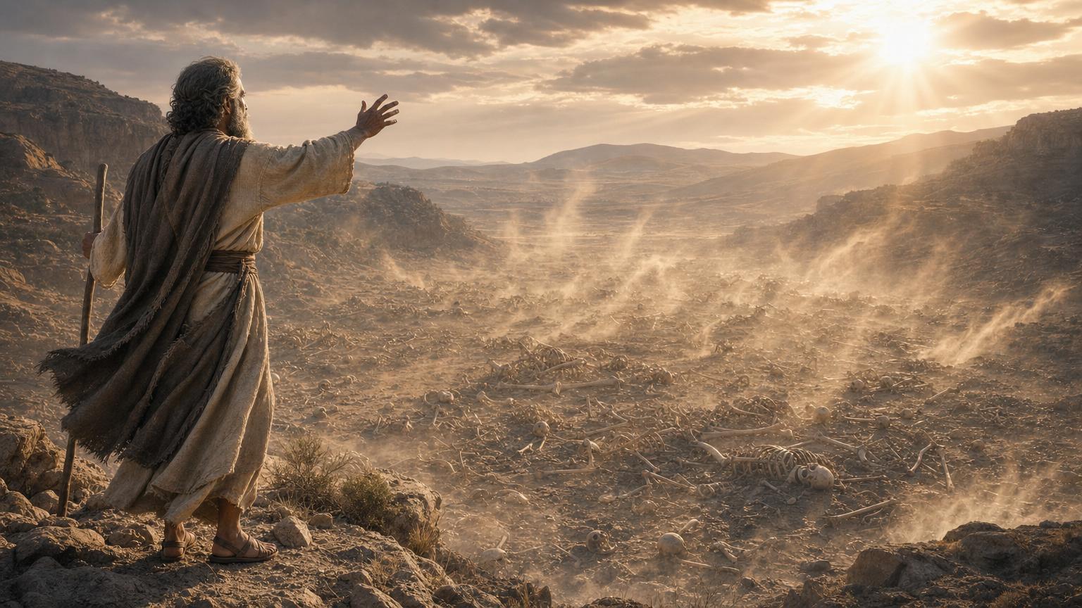 Ezekiel seeing the valley of dry bones as God promises restoration and new life to His people