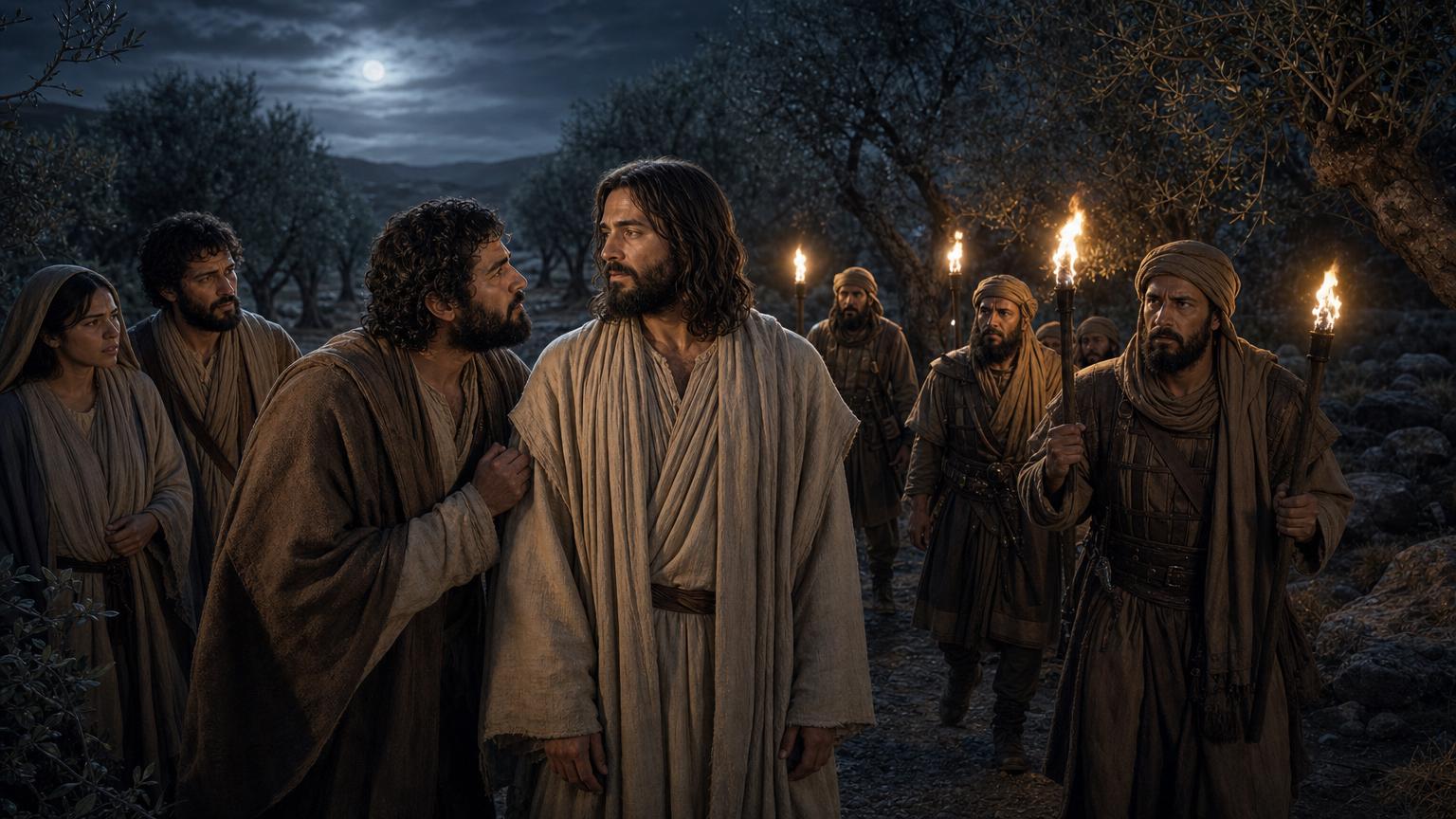 Judas identifying Jesus in the Garden of Gethsemane as temple guards move in to arrest Him