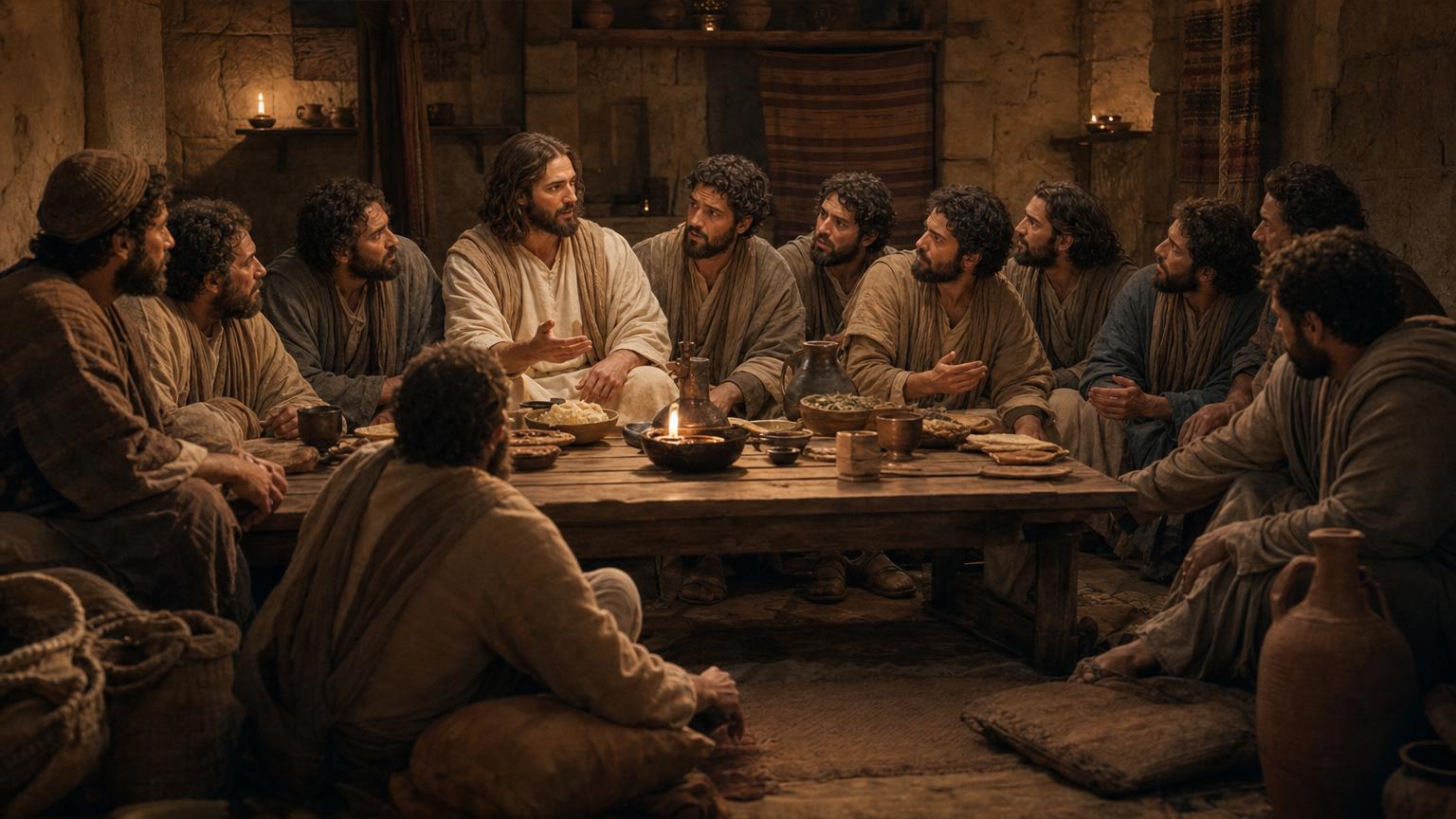 Judas seated among the Twelve at the Last Supper as the disciples ask who will betray Jesus