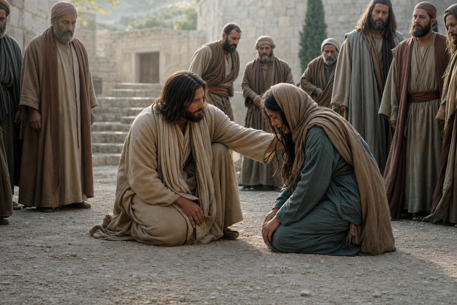 Jesus showing mercy to the woman caught in adultery while calling her to leave her sin