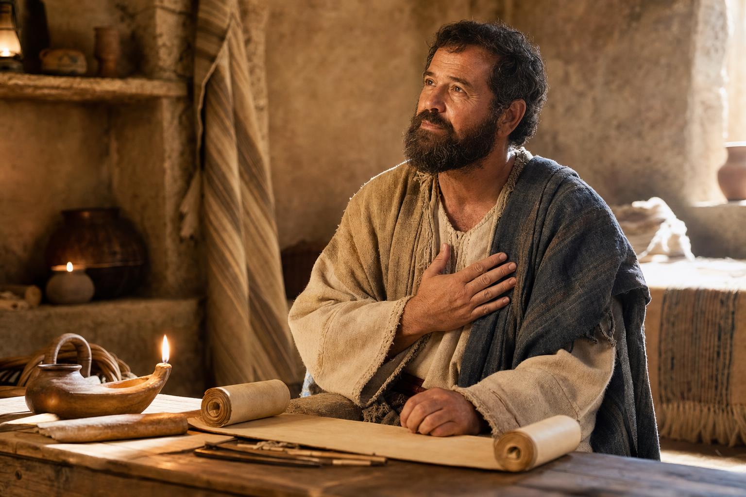 Paul reflecting in humble gratitude after receiving Christ's mercy as a former blasphemer