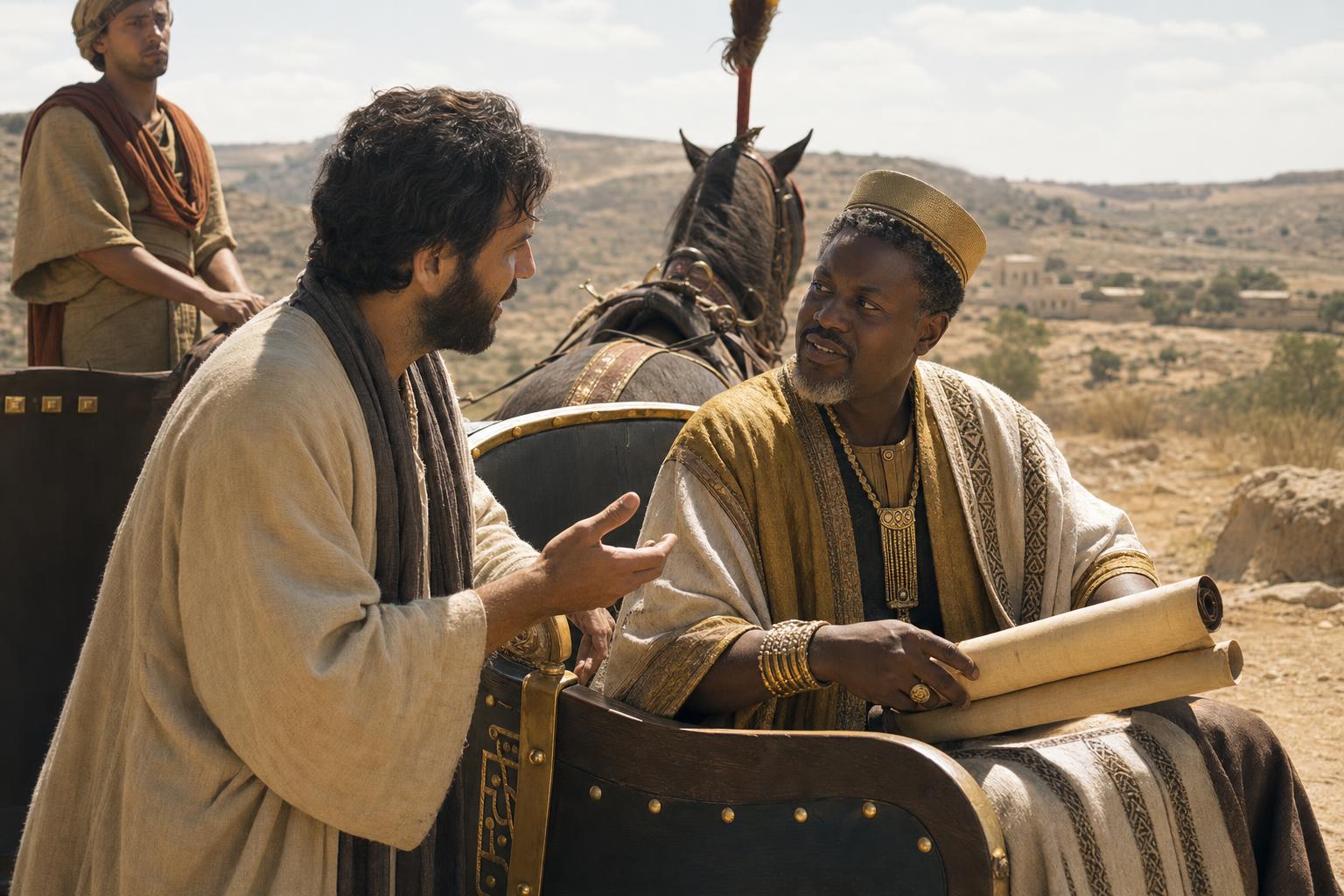 Philip explaining Isaiah to the Ethiopian eunuch before his baptism