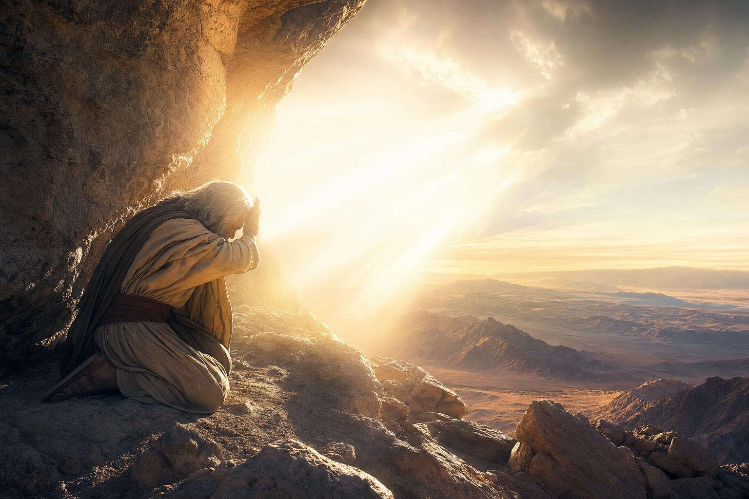 Moses sheltered near the rock as God's glory passed by in mercy and majesty