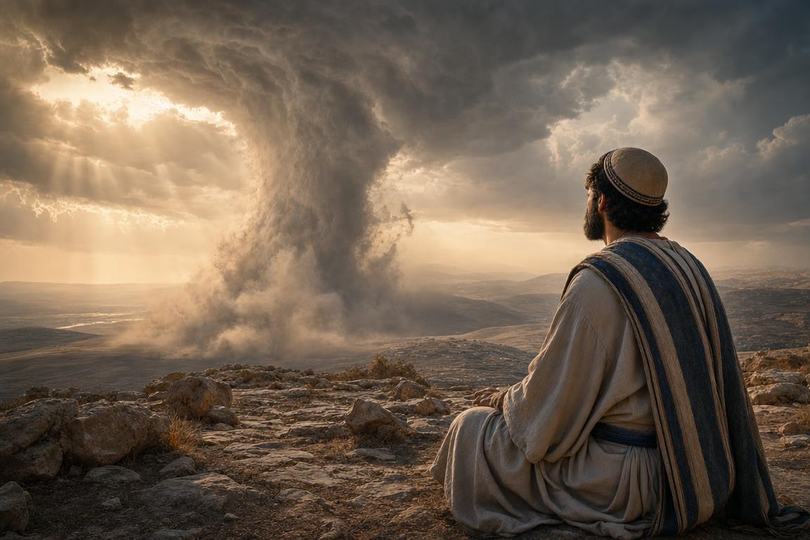 Job humbled before the whirlwind as God answers him with wisdom and power