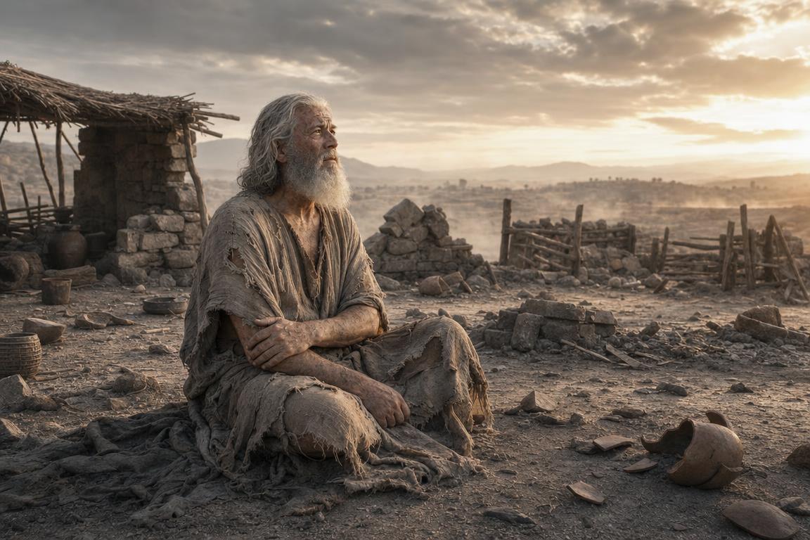Job sitting in ashes after severe loss and affliction while enduring in faith